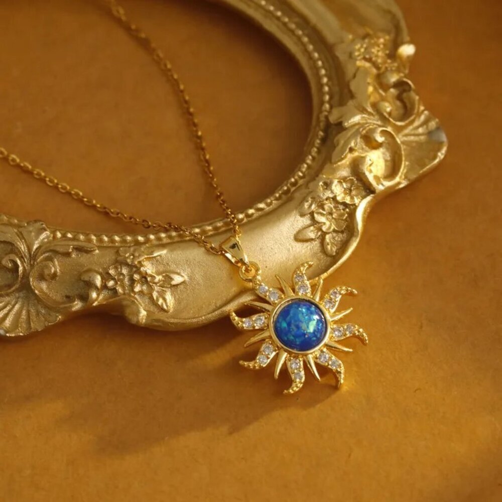 18K Gold Plated Stainless Steel Sun Pendant Necklace with Blue Opal Center